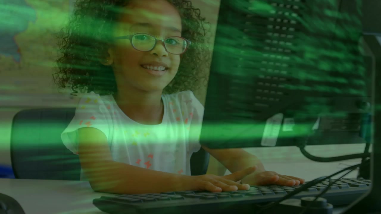 Animation of data processing over african american girl using computer