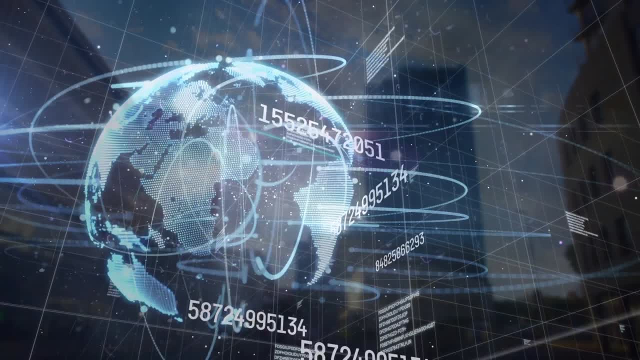 Animation of data processing and globe over cityscape