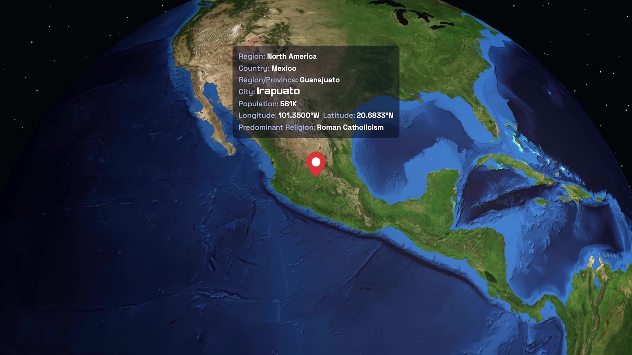 Globo terráqueo digital que se acerca a Irapuato, México con datos de ubicación