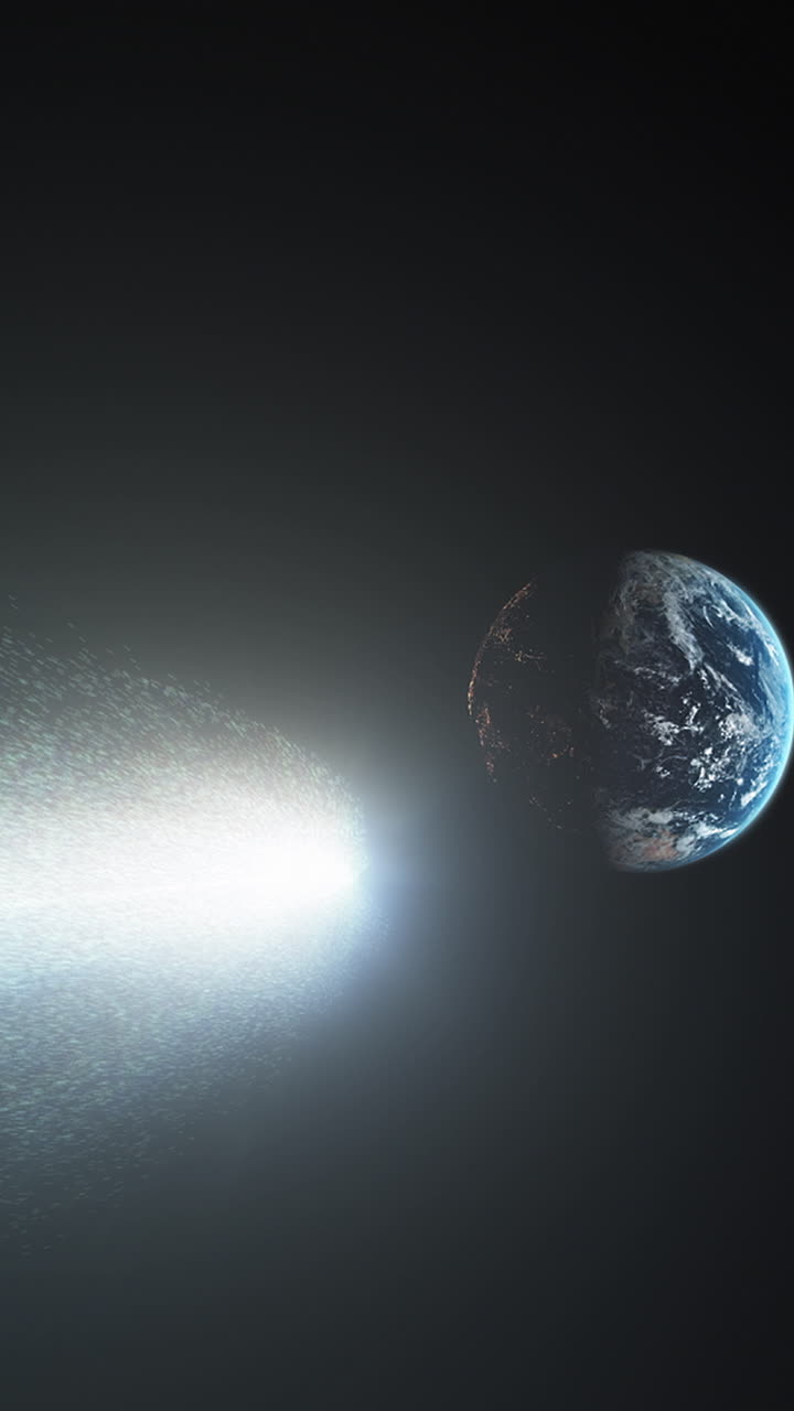 Cometa in rotta verso il pianeta Terra con particelle di detriti di ghiaccio che si sciolgono. Oggetto extraterrestre luminoso e astratto nello spazio profondo. Rendering di animazione 3D di 3i Atlas. Formato verticale 9:16.