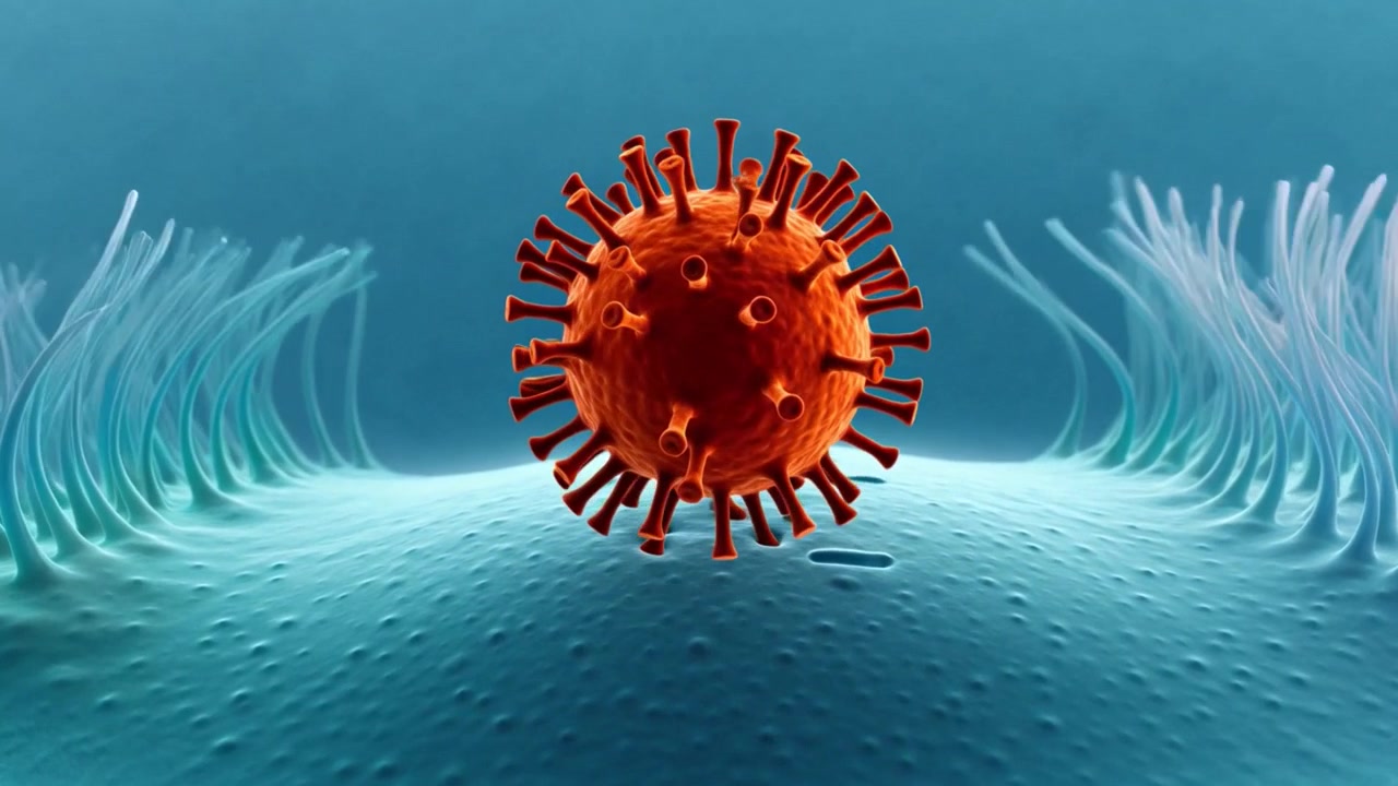 Animazione 3D di un virus che infetta una cellula biologica