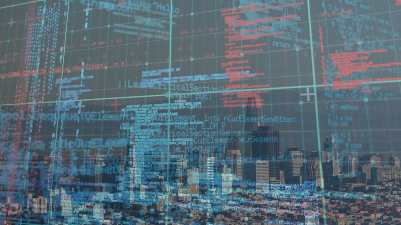 animazione dell'elaborazione dei dati su schermo digitale su cityscape