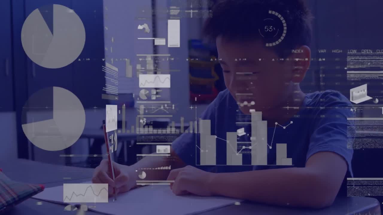 Animation of data processing over asian schoolboy in classroom