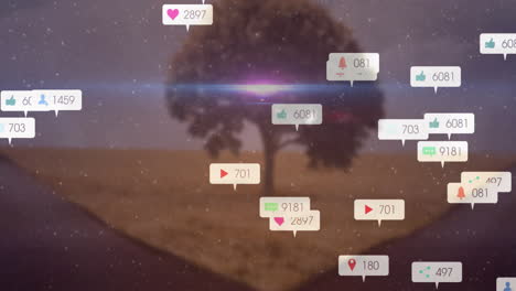 in field, animation of social media notification icons overlaying tree scene