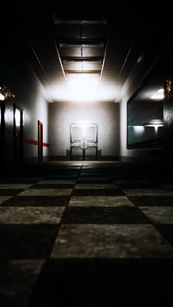 un corredor oscuro y misterioso con una puerta de metal