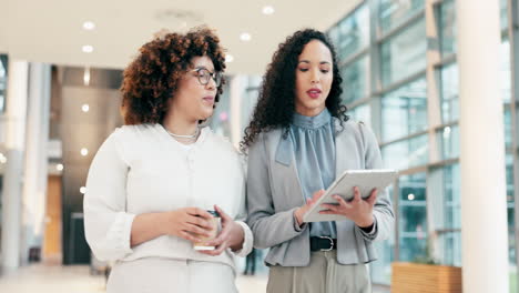 Business-people,-talking-and-walking-with-a-tablet