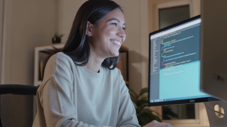 Typing woman in crewneck sweater laughing after code editor triggers smile at home, using keyboard