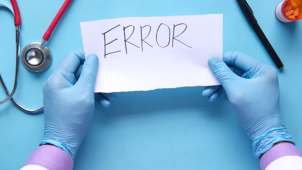 médico sosteniendo una nota con la palabra error escrita en ella.
