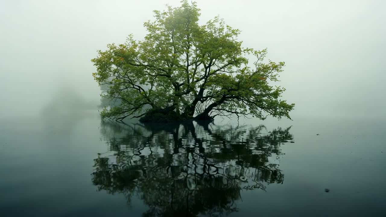 Revealing broadleaf tree clarifying with fog lifting, reflection, left silhouette and lens droplets