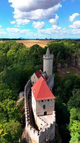 Vertical aerial approach toward fortified Kokorin castle in forest, Czechia
