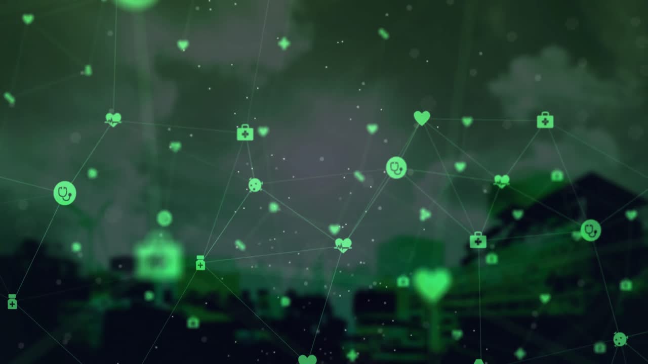 도시 풍경을 배경으로 디지털 아이콘의 세계