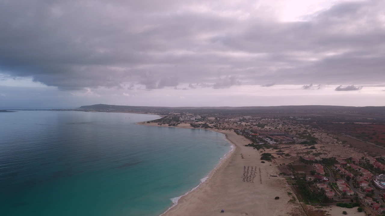 Praia de Chaves ( Chaves beach) popular tourist destination.Shore aerial view at sunrise.Boa Vista island situated in the Atlantic Ocean. Republic of Cabo Verde, Africa