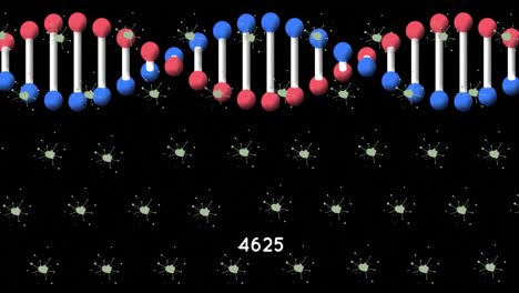 animation of colourful confetti falling over rotating dna strand on black background