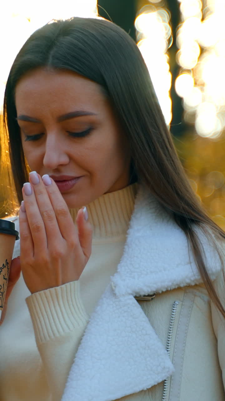 Attractive brunette lady holding a paper cup in her hands. Woman is having a walk in the nature in autumn season.