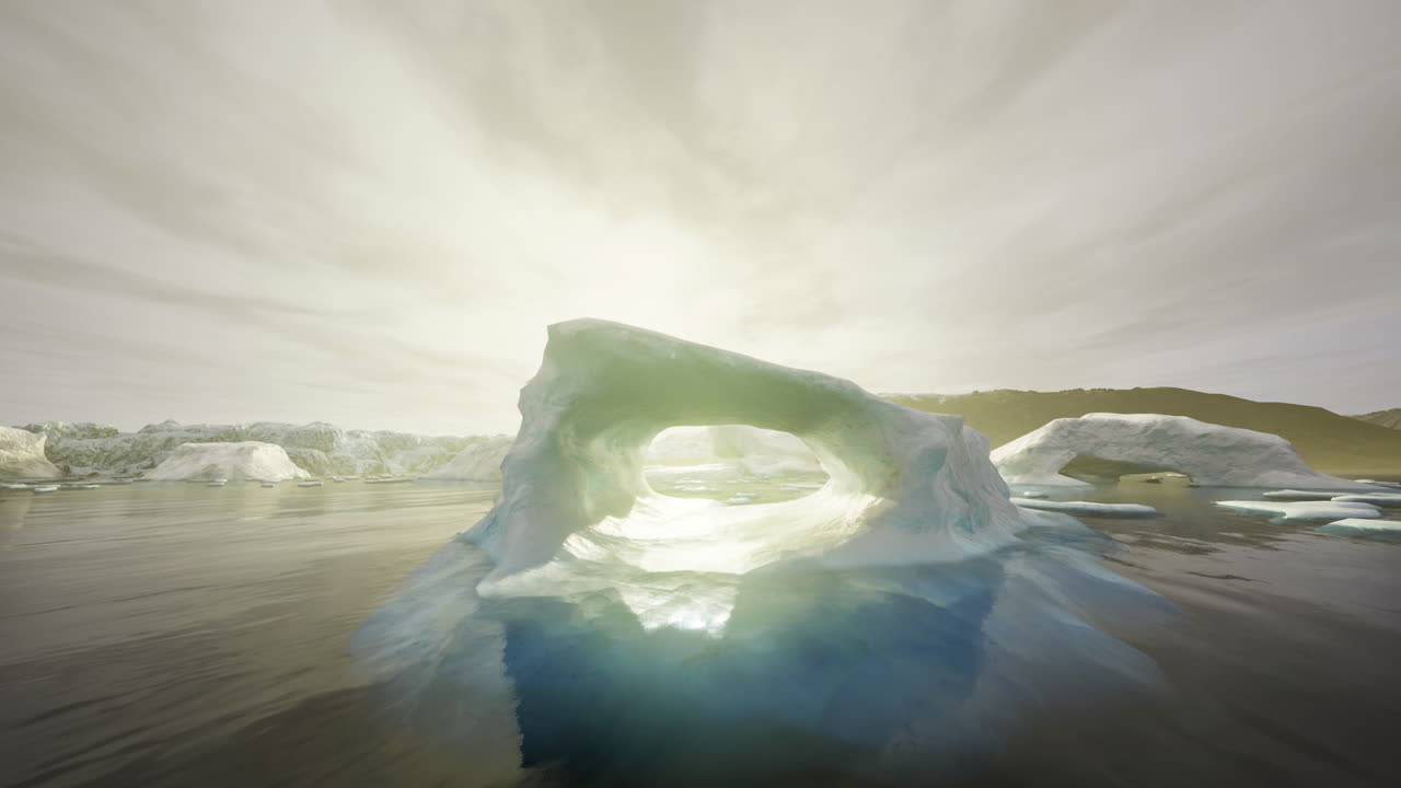 Stunning view of a natural ice arch in calm waters at dusk