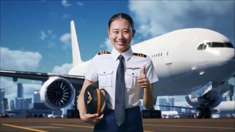 mujer piloto con los pulgares hacia arriba