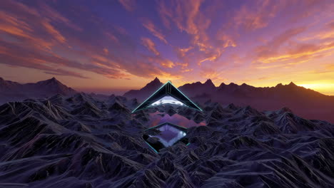 glowing futuristic pyramid over a mountainous landscape at sunset