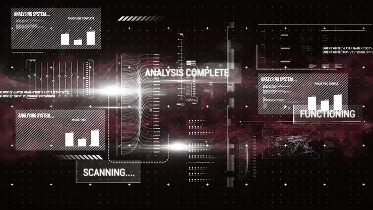 Animation of analysis text and data processing over black background