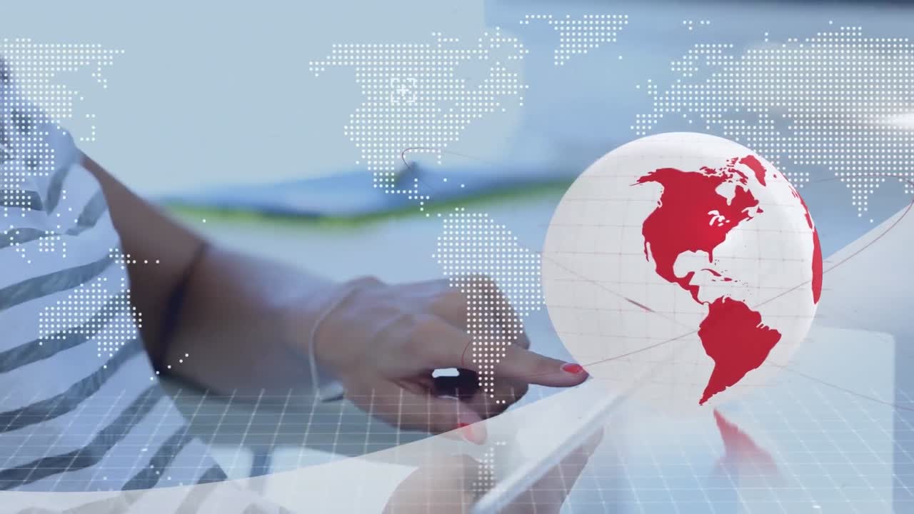 animación de líneas alrededor del globo y mapa con patrón de cuadrícula sobre mujer caucásica usando tableta digital