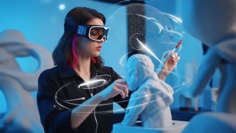 innovative artist using virtual reality to sculpt detailed figurines with precision and creativity in a digital art space filled with 3d models and tools