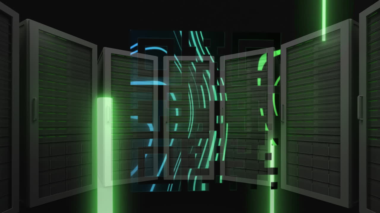 Animation of qr code over neon shapes and server room on black background