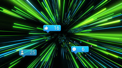 animation of network of connections with icons over green and blue neon light trails