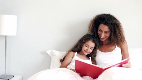 mother and daughter reading a book together on their bed