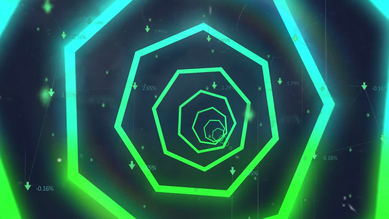 떨어지는 화살표 위에 네온 기하학적 모양의 애니메이션