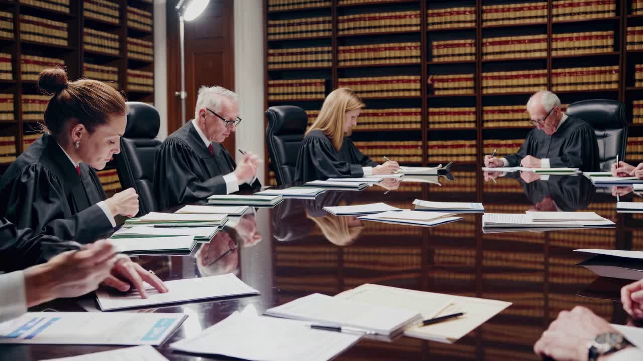 A video still of judges in robes deliberating around a polished table in a law library