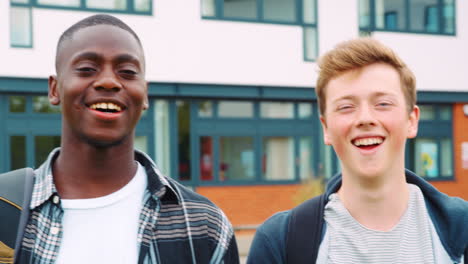 portrait of student group outside college buildings