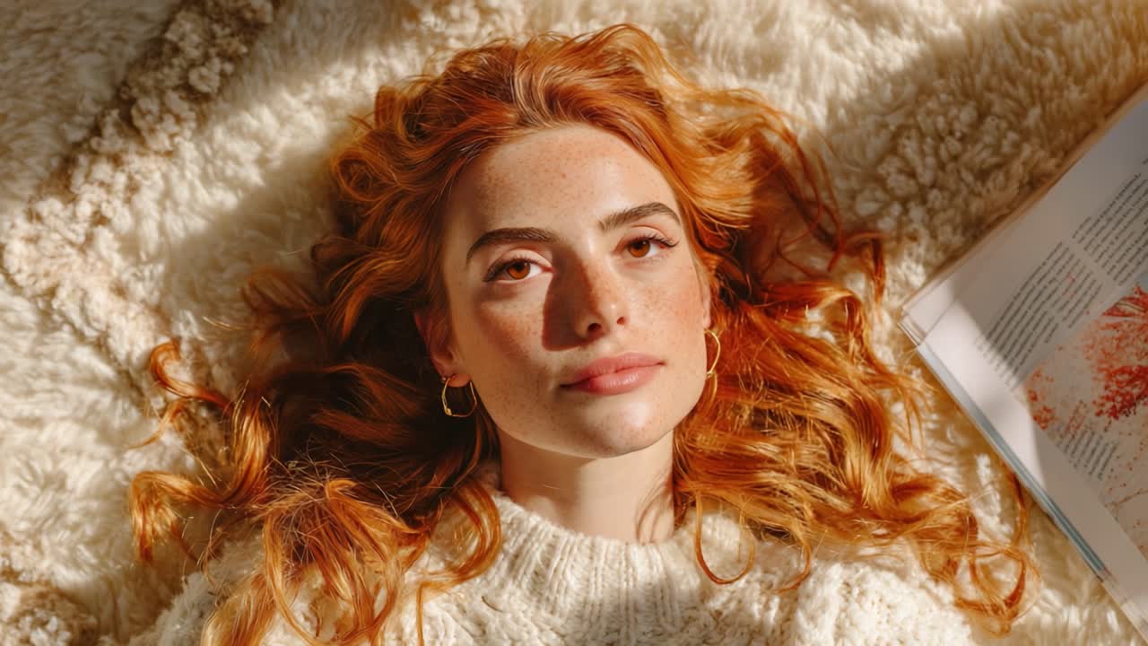 A Tranquil Moment of Reflection: A Young Woman with Freckles and Radiant Red Hair Relaxing on a Cozy Blanket Surrounded by Natural Light and Comforting Textures