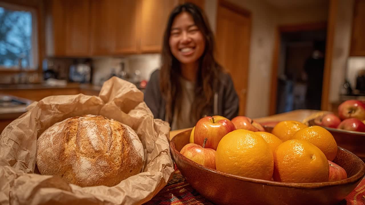 A Cozy Kitchen Scene Featuring Freshly Baked Bread and a Colorful Array of Fruits, Highlighting the Joy of Home-Cooked Meals and Gatherings with Loved Ones
