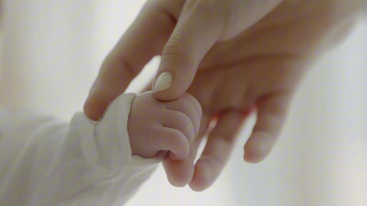 Close-up video shot of an adult hand gently holding a baby's hand, capturing a tender moment