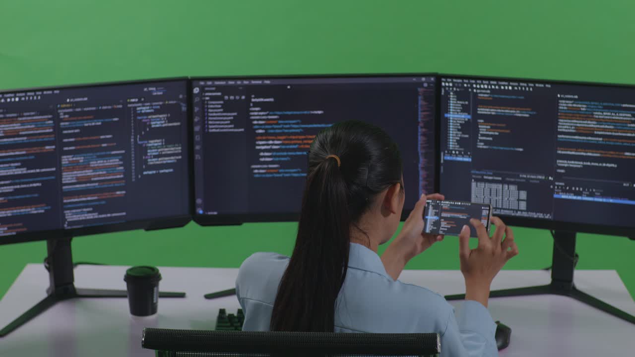 vista trasera de una desarrolladora asiática trabajando con un teléfono móvil mientras escribe código con múltiples pantallas de computadora en un estudio de pantalla verde