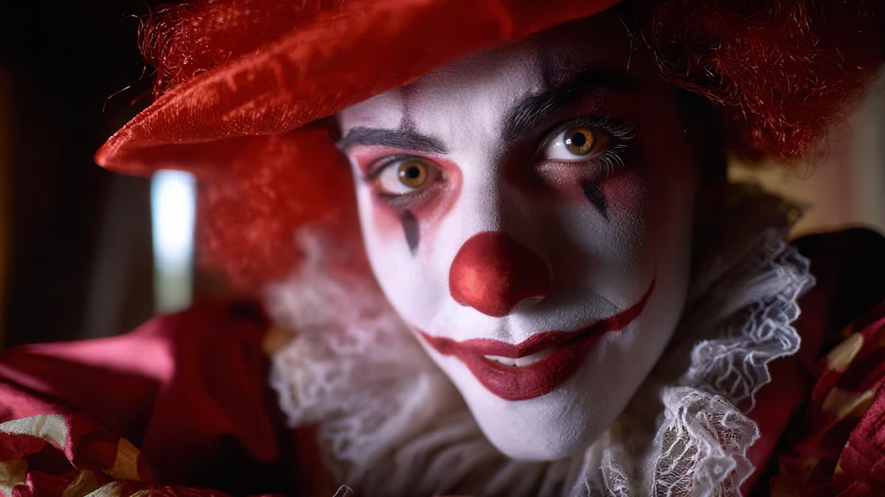 A captivating clown with striking makeup and an expressive gaze, showcasing the blend of artistry and personality through vivid colors and intricate details
