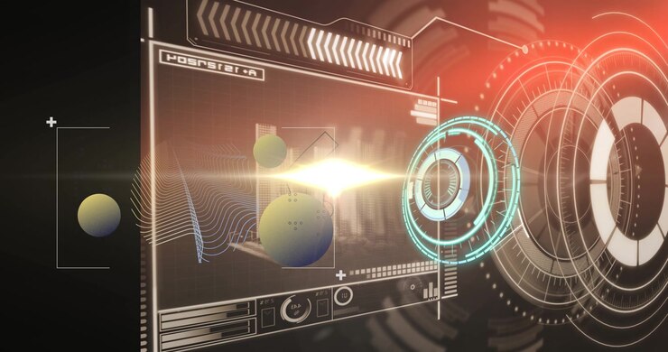 Animation af HUD-interface med glober og bølgemønster i søgeren over sort baggrund.