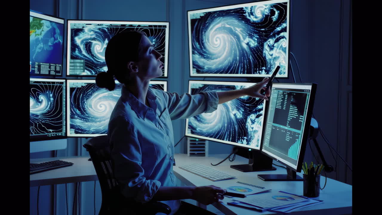 Meteorologist analyzing hurricane data at night