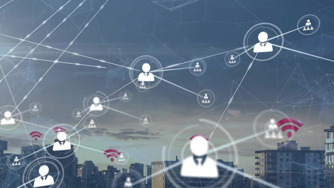 Pemandangan kota saat senja, ikon pengguna mulai menghubungkan node Wi-Fi dan kelompok-kelompok yang mengembangkan jaringan menunjukkan konektivitas.
