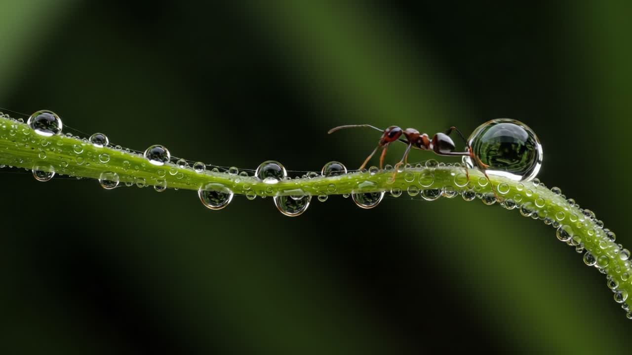 A Close-Up Exploration of an Ant Navigating a Dew-Drop-Laden Blade of Grass, Capturing the Intricate Ecosystem of Nature's Smallest Creatures in Stunning Detail