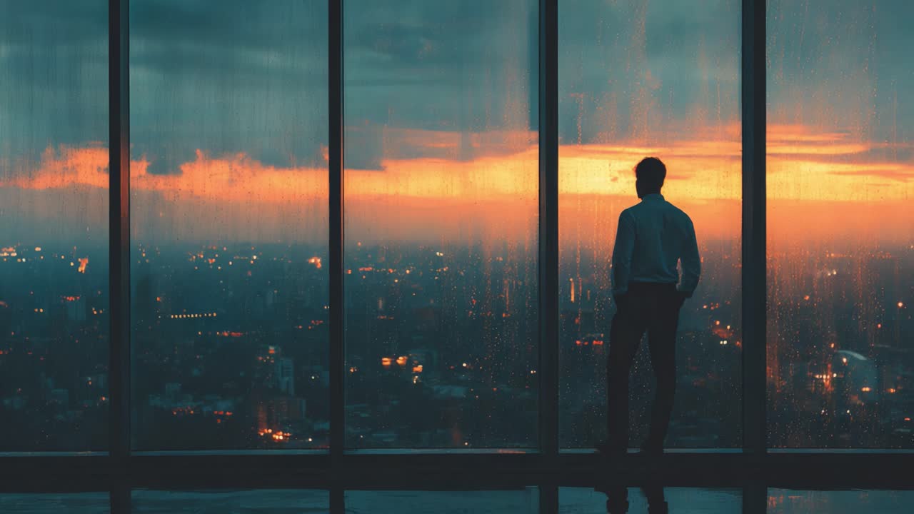 A Solitary Figure Contemplates Life Against a Stunning Urban Sunset: A Reflective Moment Captured Through Rain-Streaked Glass Windows