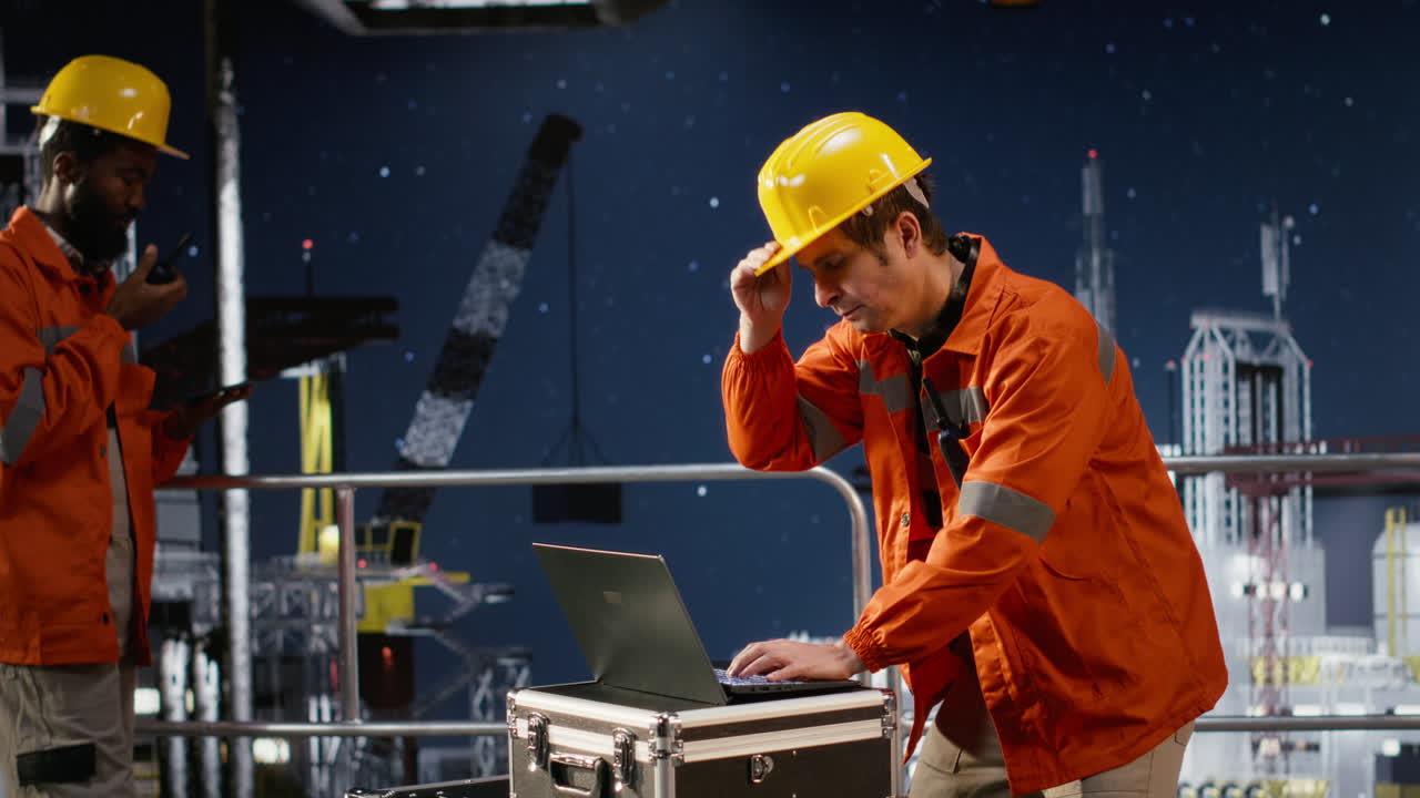 Agitated oil rig inspection officer evaluates fuel production systems