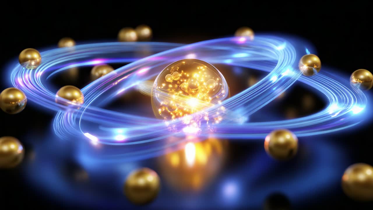 A mesmerizing representation of atomic structure showcasing vibrant golden spheres orbiting a luminous core, embedded in swirling blue energy trails that emphasize the dynamic nature of atomic interactions and energy flow