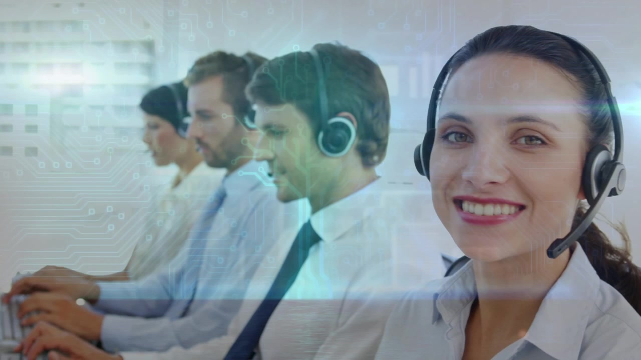 Animación de luz brillante sobre diversas personas de negocios usando auriculares telefónicos