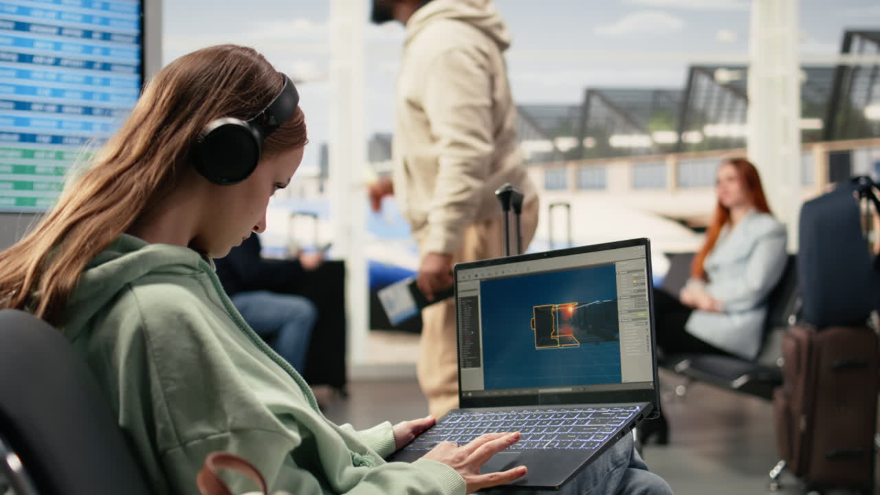 Mujer joven con auriculares trabajando en un portátil en el aeropuerto.