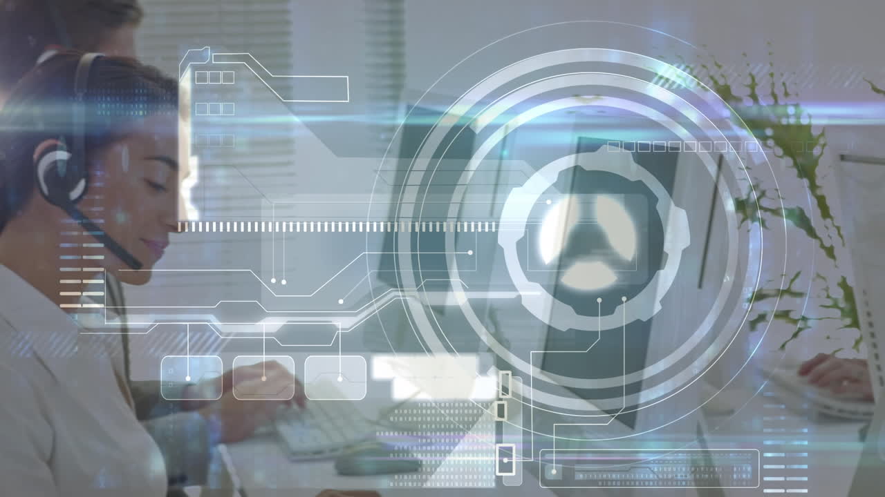 animación del procesamiento de datos financieros sobre personas de negocios que trabajan en la oficina