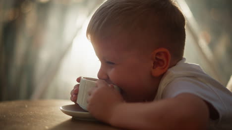 smiling child drinks tea leaning over table. playful boy nibbles cup sipping hot drink in light room closeup. funny kid has game with mug at home