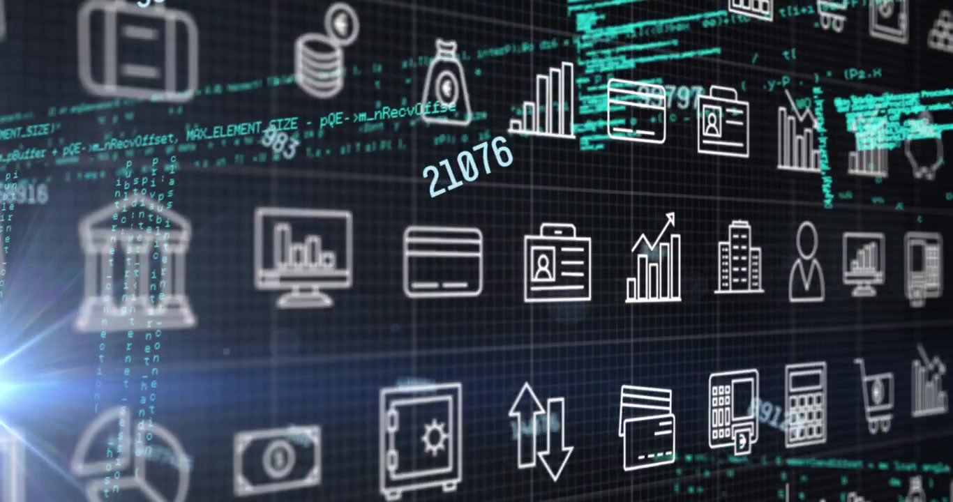 Animation of multiple digital icons over data processing against light spot on blue background