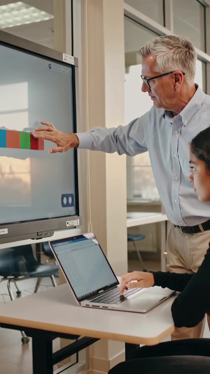 Vertical video: Reaching screen in class teacher in blue tapping color bar student typing laptop
