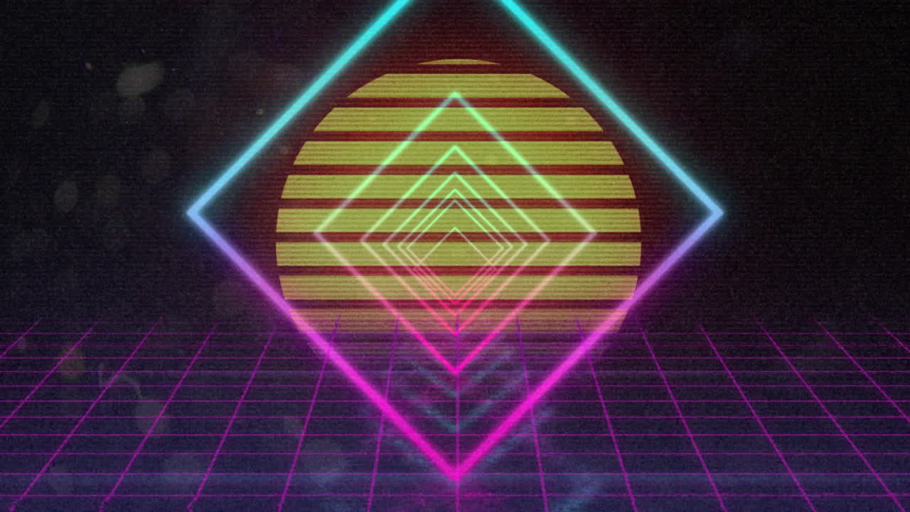 어두운 배경에 네온 패턴과 그리드의 애니메이션