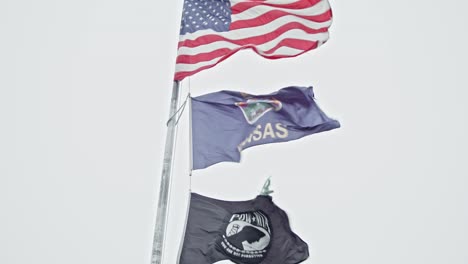 Kansas-state-capitol-building-with-flags-waving-in-Topeka,-Kansas-with-close-up-video-shot-that-is-stable